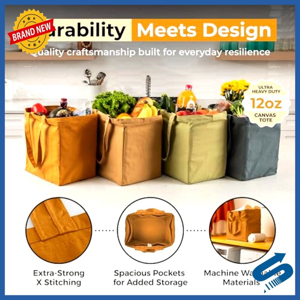 Heavy Duty Canvas Grocery Tote Set Foldable Washable with Pockets - Picture 4 of 7